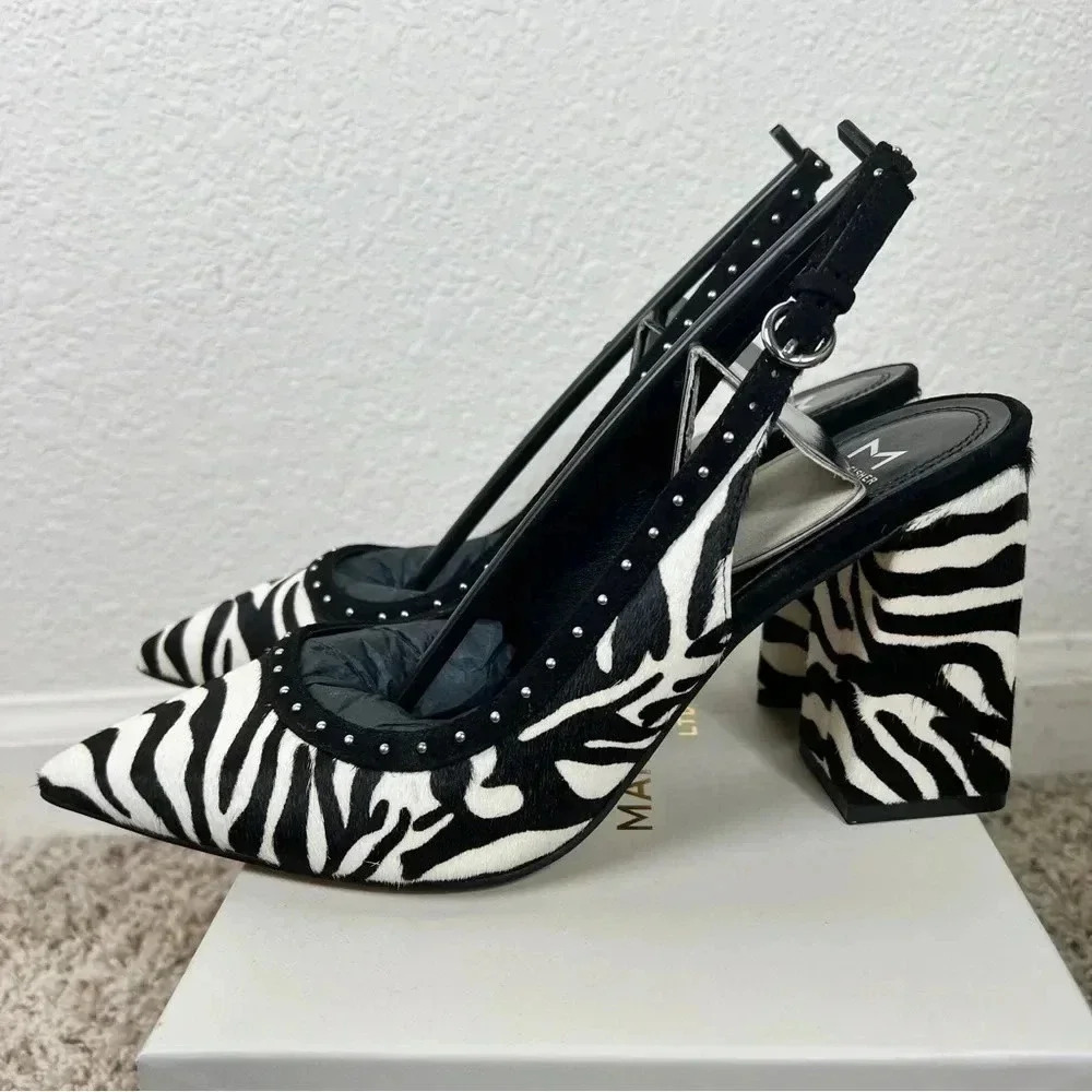 Marc Fisher Women’s Joily Black White Animal Print Slingback Block Heels…